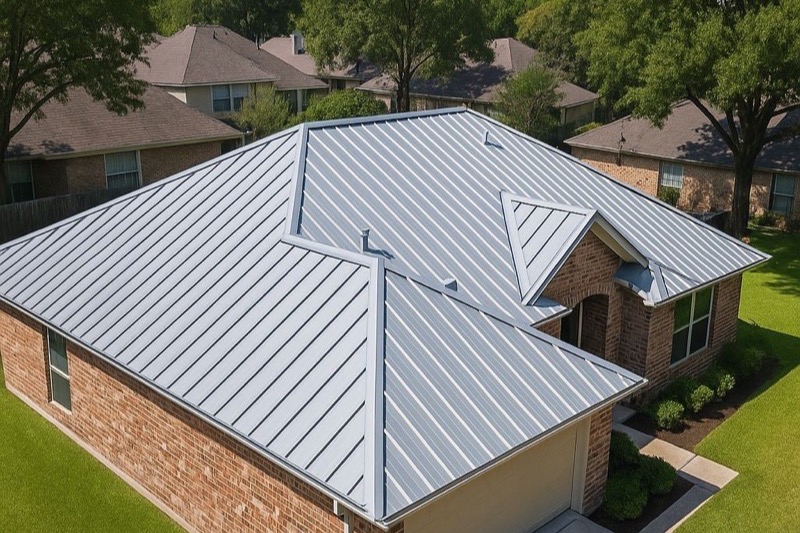Aerial view of a light grey standing seam metal roof on a single-story Florida brick home