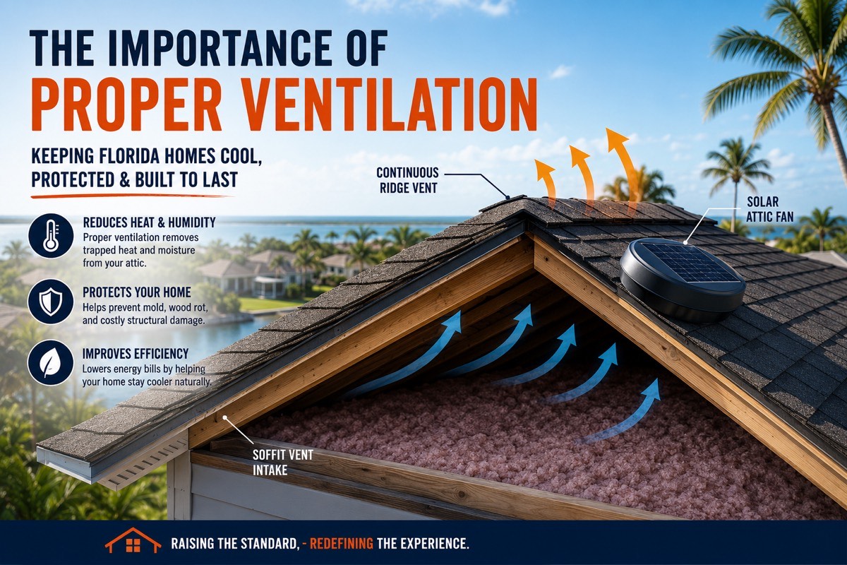 Infographic showing how proper attic ventilation works on a Florida home, with soffit intake, continuous ridge vent, and a solar attic fan