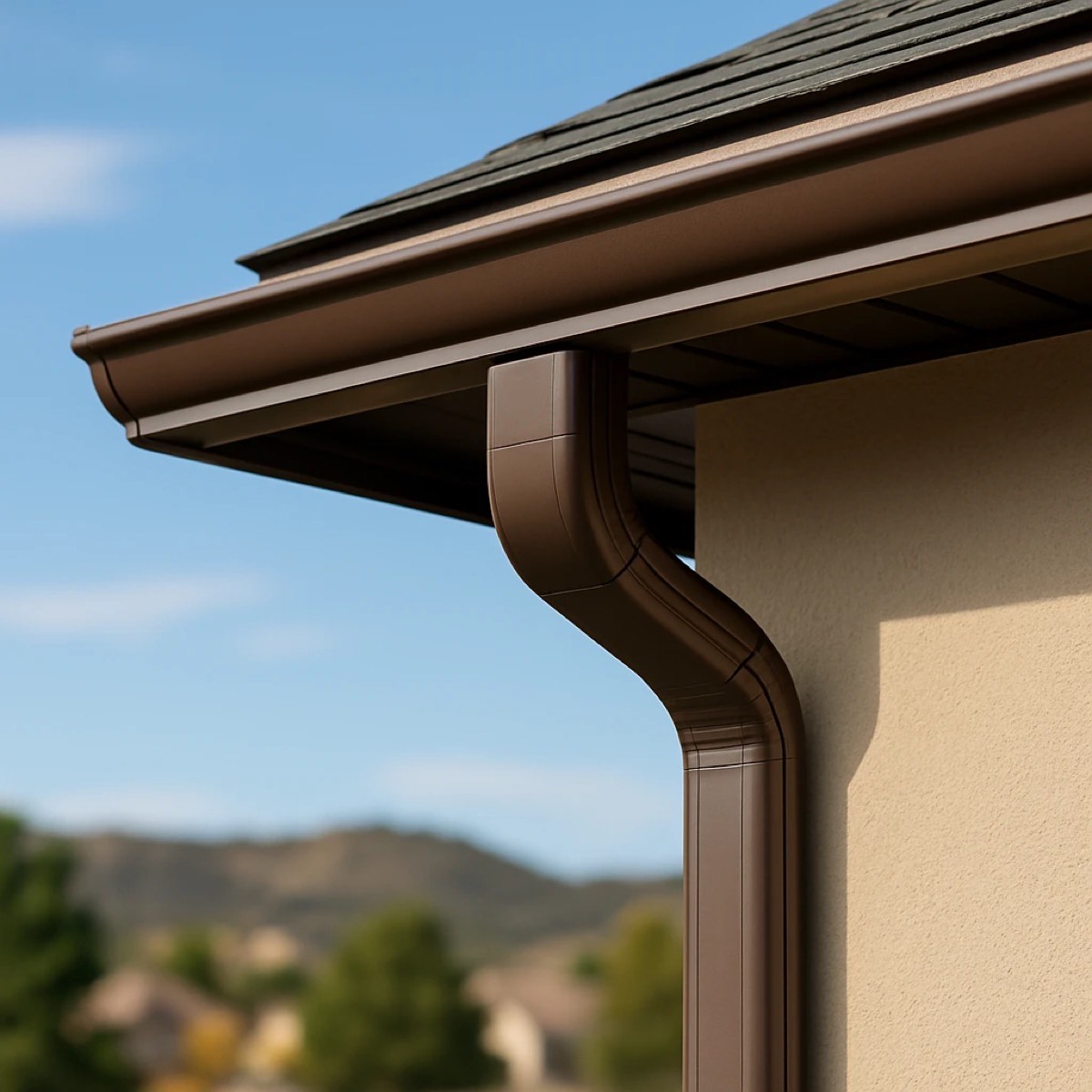 Brown seamless aluminum gutter and downspout installed at the corner of a stucco Florida home