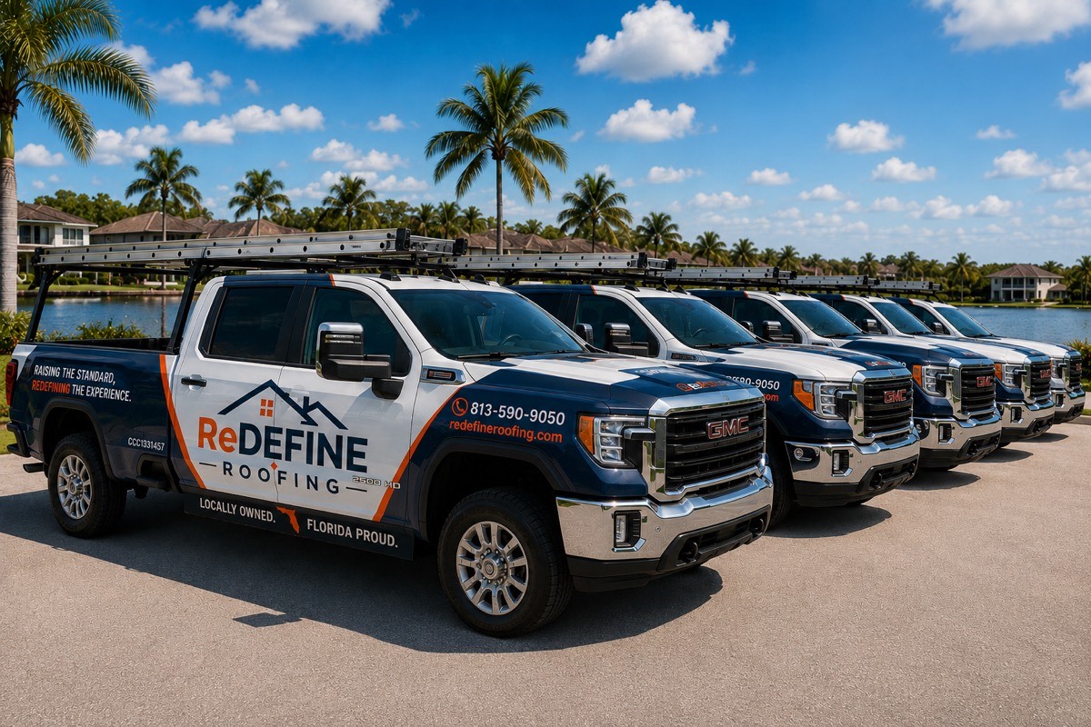 The Redefine Roofing truck fleet parked along the water in Tampa Bay