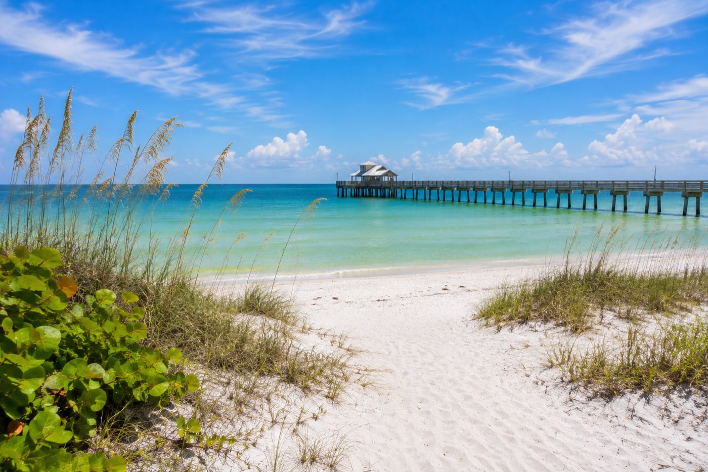 A white-sand beach and fishing pier on Anna Maria Island in Manatee County