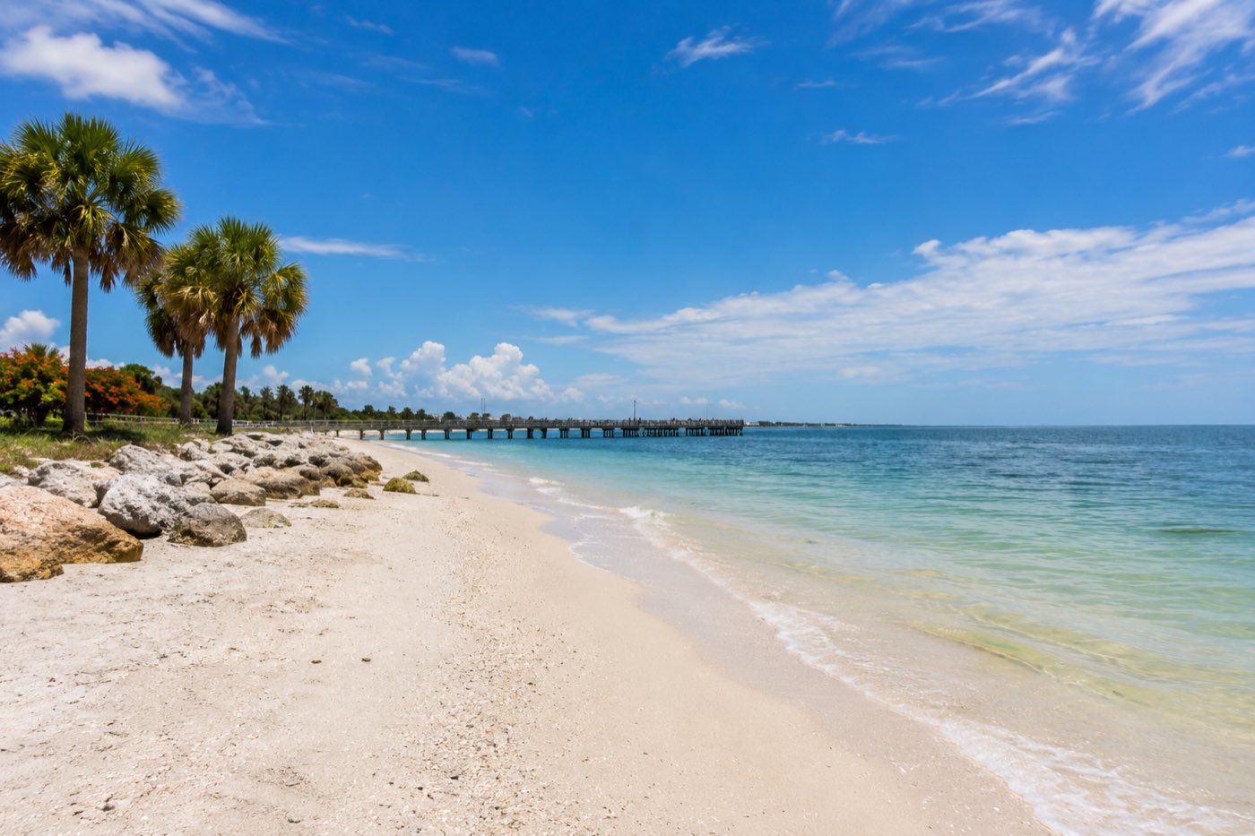 A quiet Gulf-coast beach and fishing pier on the Pasco County coastline